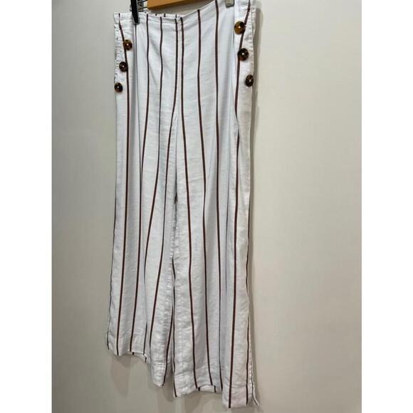 Melanie Lyne White and Brown Striped Wide Leg Summer Pull on Pants Trouser SZ 6 - Picture 4 of 12